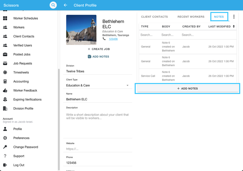 Adding notes to a client's profile 1