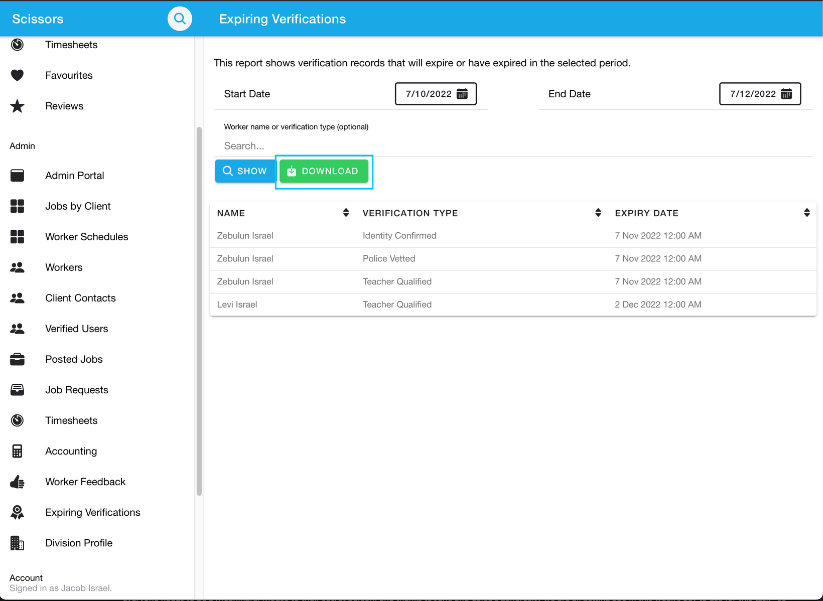 View and download the expiring verifications report 3